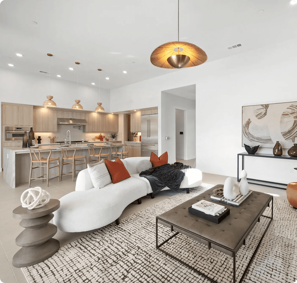 Contemporary interior with neutral and orange accents